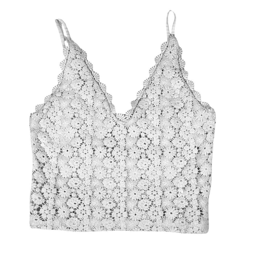 H&M Cream Lace Crochet Camisole Size M Floral Boho Festival Top Lined Adjustable